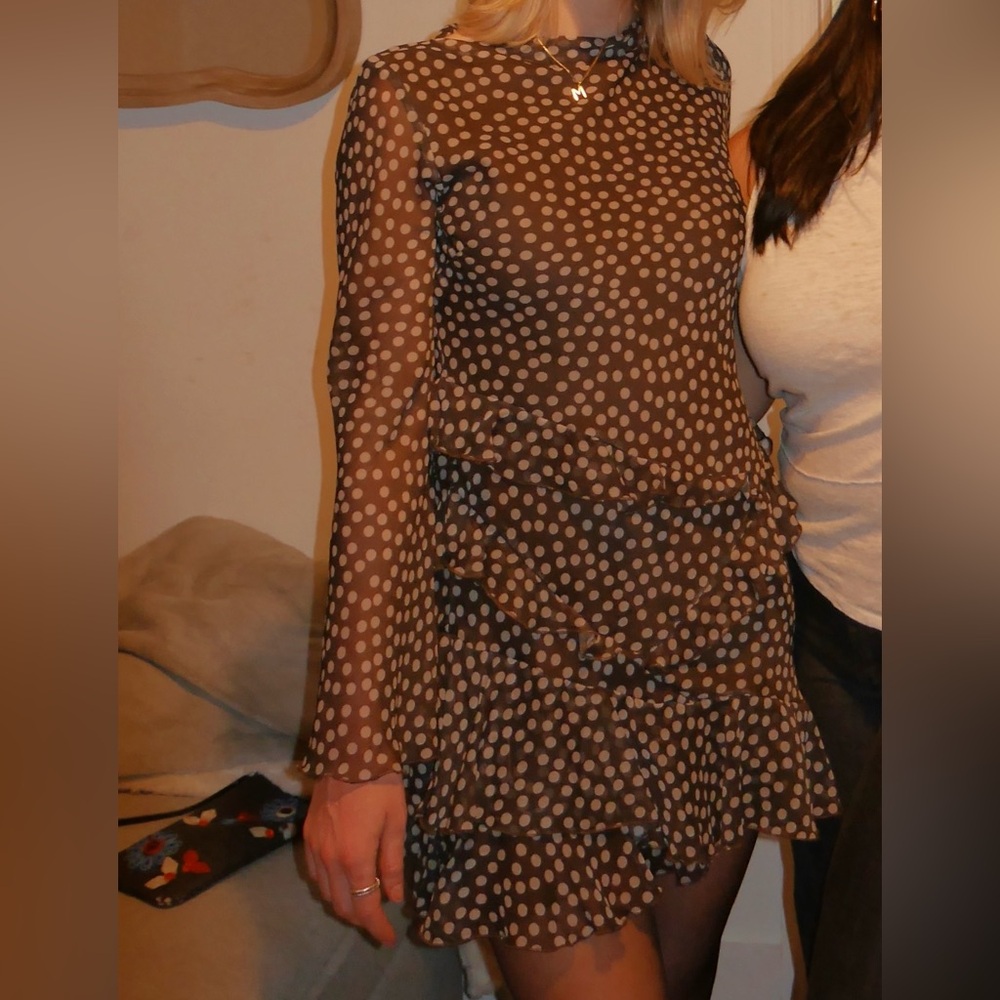 Topshop Brown Polka Dot Long Sleeve Dress